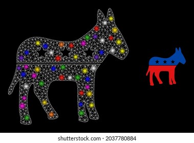 Glossy mesh republican donkey constellation icon with lightspots. Illuminated vector constellation based on republican donkey glyph. Sparkle carcass polygonal republican donkey on a black background.