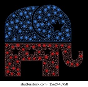 Glossy mesh republican elephant with sparkle effect. Abstract illuminated model of republican elephant icon. Shiny wire frame triangular network republican elephant.