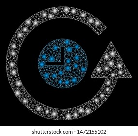 Glossy mesh restore clock with glare effect. Abstract illuminated model of restore clock icon. Shiny wire frame triangular network restore clock. Vector abstraction on a black background.