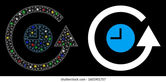 Glossy mesh restore clock icon with lightspot effect. Abstract illuminated model of restore clock. Shiny wire carcass triangular mesh restore clock icon. Vector abstraction on a black background.