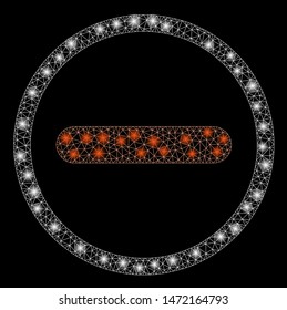 Glossy mesh restricted with glare effect. Abstract illuminated model of restricted icon. Shiny wire frame triangular network restricted. Vector abstraction on a black background.