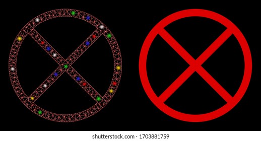 Glossy mesh restricted with glitter effect. Abstract illuminated model of restricted icon. White wire carcass polygonal mesh restricted and base icon. Vector abstraction on a black background.