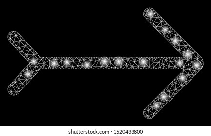 Glossy mesh right direction with glow effect. Abstract illuminated model of right direction icon. Shiny wire frame triangular mesh right direction. Vector abstraction on a black background.