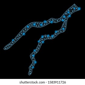 Glossy mesh river with sparkle effect. Abstract illuminated model of river icon. Shiny wire frame triangular mesh river. Vector abstraction on a black background.