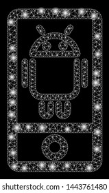 Glossy mesh robot communicator with glare effect. Abstract illuminated model of robot communicator icon. Shiny wire carcass triangular mesh robot communicator.