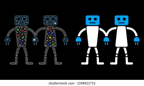 Glossy mesh robot friends icon with sparkle effect. Abstract illuminated model of robot friends. Shiny wire carcass polygonal mesh robot friends icon. Vector abstraction on a black background.