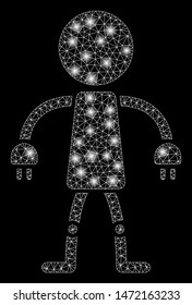 Glossy mesh robot with glow effect. Abstract illuminated model of robot icon. Shiny wire carcass polygonal mesh robot. Vector abstraction on a black background.
