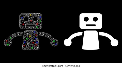 Glossy mesh robot icon with glitter effect. Abstract illuminated model of robot. Shiny wire carcass triangular mesh robot icon. Vector abstraction on a black background.