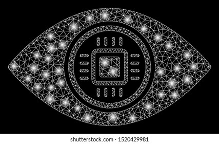 Glossy mesh robotics vision with sparkle effect. Abstract illuminated model of robotics vision icon. Shiny wire carcass triangular mesh robotics vision. Vector abstraction on a black background.