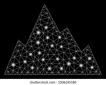 Glossy mesh rock mountain with lightspot effect. Abstract illuminated model of rock mountain icon. Shiny wire frame triangular mesh rock mountain. Vector abstraction on a black background.