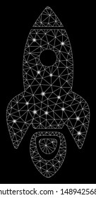 Glossy mesh rocket with glow effect. Abstract illuminated model of rocket icon. Shiny wire carcass polygonal mesh rocket. Vector abstraction on a black background.