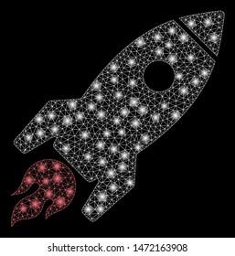 Glossy mesh rocket launch with lightspot effect. Abstract illuminated model of rocket launch icon. Shiny wire frame polygonal mesh rocket launch. Vector abstraction on a black background.