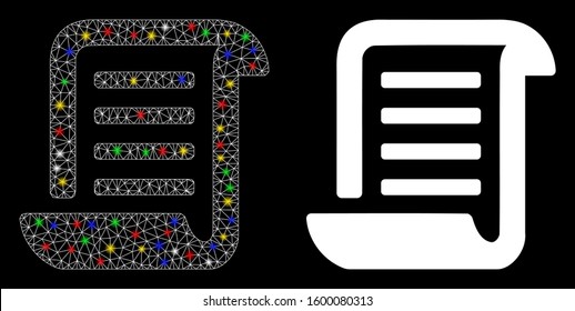 Glossy mesh roll document icon with glare effect. Abstract illuminated model of roll document. Shiny wire frame polygonal mesh roll document icon. Vector abstraction on a black background.