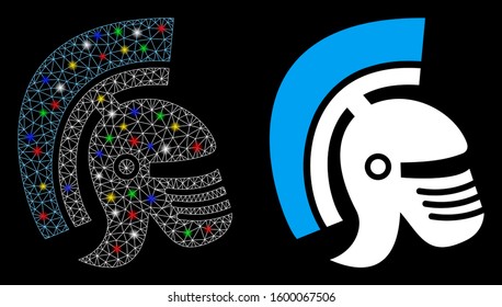 Glossy mesh Rome helmet icon with glitter effect. Abstract illuminated model of Rome helmet. Shiny wire frame polygonal network Rome helmet icon. Vector abstraction on a black background.