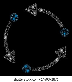 Glossy mesh rotate with glitter effect. Abstract illuminated model of rotate icon. Shiny wire frame triangular mesh rotate. Vector abstraction on a black background.