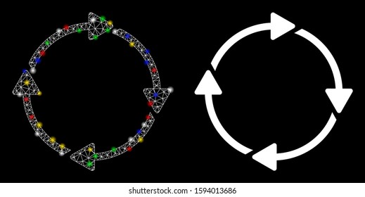 Glossy mesh rotation icon with glare effect. Abstract illuminated model of rotation. Shiny wire frame polygonal mesh rotation icon. Vector abstraction on a black background.
