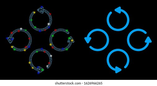 Glossy mesh rotation icon with glow effect. Abstract illuminated model of rotation. Shiny wire frame triangular network rotation icon. Vector abstraction on a black background.