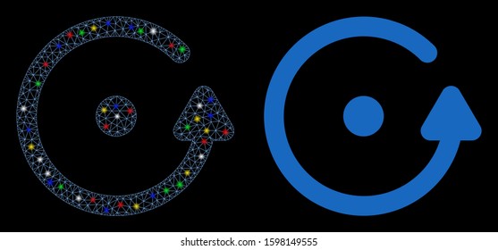 Glossy mesh rotation icon with sparkle effect. Abstract illuminated model of rotation. Shiny wire carcass triangular mesh rotation icon. Vector abstraction on a black background.