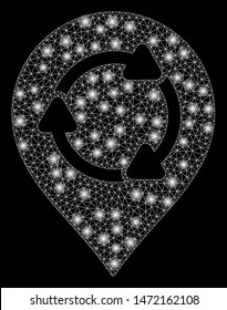 Glossy mesh rotation map marker with glare effect. Abstract illuminated model of rotation map marker icon. Shiny wire carcass polygonal mesh rotation map marker.