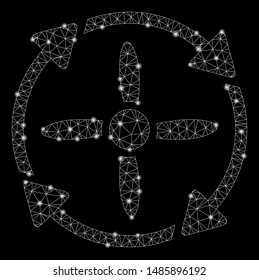 Glossy mesh rotor with sparkle effect. Abstract illuminated model of rotor icon. Shiny wire frame triangular mesh rotor. Vector abstraction on a black background.