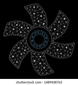 Glossy mesh rotor with sparkle effect. Abstract illuminated model of rotor icon. Shiny wire carcass polygonal mesh rotor. Vector abstraction on a black background.
