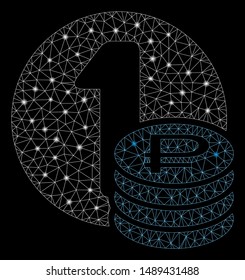 Glossy mesh rouble coins with glare effect. Abstract illuminated model of rouble coins icon. Shiny wire frame polygonal network rouble coins. Vector abstraction on a black background.