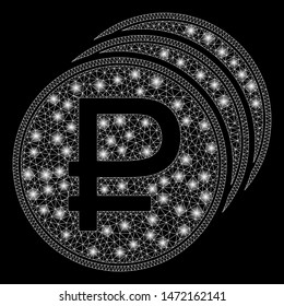 Glossy mesh rouble coins with glow effect. Abstract illuminated model of rouble coins icon. Shiny wire frame polygonal mesh rouble coins. Vector abstraction on a black background.