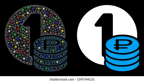 Glossy mesh rouble coins icon with glitter effect. Abstract illuminated model of rouble coins. Shiny wire frame triangular network rouble coins icon. Vector abstraction on a black background.
