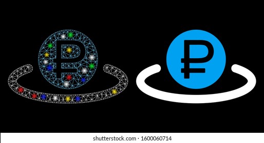 Glossy mesh rouble deposit icon with lightspot effect. Abstract illuminated model of rouble deposit. Shiny wire frame polygonal mesh rouble deposit icon. Vector abstraction on a black background.