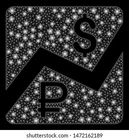 Glossy mesh rouble and dollar finances with glow effect. Abstract illuminated model of rouble and dollar finances icon. Shiny wire carcass polygonal network rouble and dollar finances.