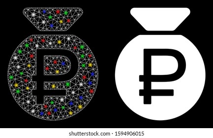 Glossy mesh rouble fund icon with lightspot effect. Abstract illuminated model of rouble fund. Shiny wire carcass triangular mesh rouble fund icon. Vector abstraction on a black background.