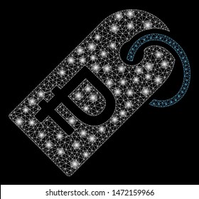 Glossy mesh rouble token with glow effect. Abstract illuminated model of rouble token icon. Shiny wire frame polygonal mesh rouble token. Vector abstraction on a black background.