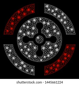 Glossy mesh roulette with glitter effect. Abstract illuminated model of roulette icon. Shiny wire frame triangular mesh roulette. Vector abstraction on a black background.