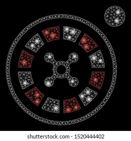 Glossy mesh roulette with lightspot effect. Abstract illuminated model of roulette icon. Shiny wire frame triangular mesh roulette. Vector abstraction on a black background.