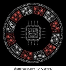 Glossy mesh roulette processor with glow effect. Abstract illuminated model of roulette processor icon. Shiny wire carcass triangular mesh roulette processor. Vector abstraction on a black background.