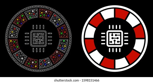 Glossy mesh roulette processor icon with glitter effect. Abstract illuminated model of roulette processor. Shiny wire carcass polygonal mesh roulette processor icon.