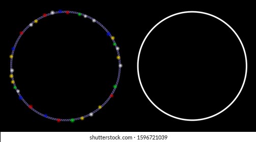 Glossy mesh round frame icon with glow effect. Abstract illuminated model of round frame. Shiny wire carcass polygonal mesh round frame icon. Vector abstraction on a black background.