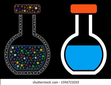 Glossy mesh round retort icon with glare effect. Abstract illuminated model of round retort. Shiny wire carcass triangular mesh round retort icon. Vector abstraction on a black background.