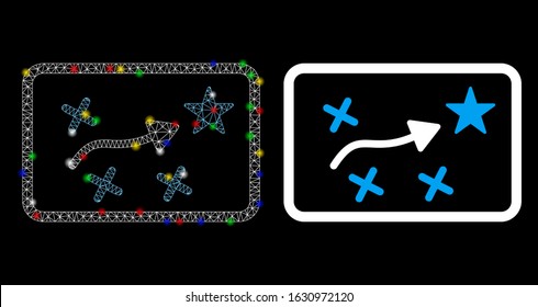 Glossy mesh route map icon with lightspot effect. Abstract illuminated model of route map. Shiny wire frame triangular mesh route map icon. Vector abstraction on a black background.