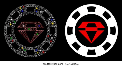 Glossy mesh ruby casino chip icon with glow effect. Abstract illuminated model of ruby casino chip. Shiny wire frame triangular network ruby casino chip icon. Vector abstraction on a black background.