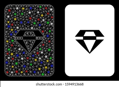 Glossy mesh ruby gaming card icon with glow effect. Abstract illuminated model of ruby gaming card. Shiny wire carcass triangular mesh ruby gaming card icon. Vector abstraction on a black background.