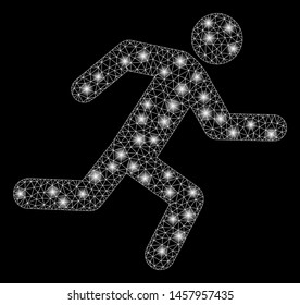 Glossy mesh running man with sparkle effect. Abstract illuminated model of running man icon. Shiny wire carcass polygonal mesh running man. Vector abstraction on a black background.