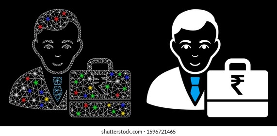 Glossy mesh rupee accounter icon with lightspot effect. Abstract illuminated model of rupee accounter. Shiny wire frame triangular mesh rupee accounter icon. Vector abstraction on a black background.