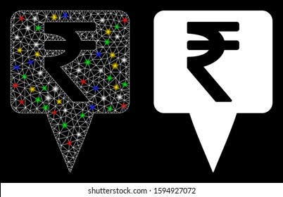 Glossy mesh rupee map pointer icon with glow effect. Abstract illuminated model of rupee map pointer. Shiny wire frame triangular mesh rupee map pointer icon. Vector abstraction on a black background.