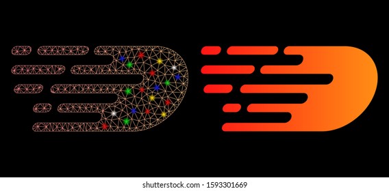Glossy mesh rush bolide icon with glare effect. Abstract illuminated model of rush bolide. Shiny wire frame triangular mesh rush bolide icon. Vector abstraction on a black background.