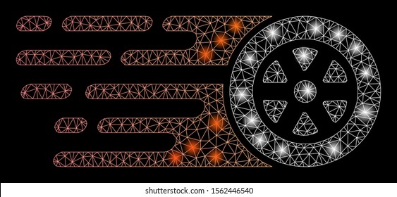 Glossy mesh rush car wheel with sparkle effect. Abstract illuminated model of rush car wheel icon. Shiny wire frame polygonal mesh rush car wheel. Vector abstraction on a black background.