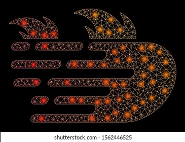 Glossy mesh rush fire with glitter effect. Abstract illuminated model of rush fire icon. Shiny wire frame polygonal mesh rush fire. Vector abstraction on a black background.
