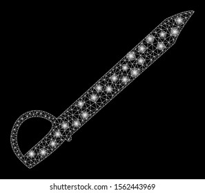 Glossy mesh saber with glare effect. Abstract illuminated model of saber icon. Shiny wire frame triangular mesh saber. Vector abstraction on a black background.