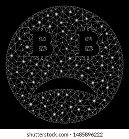 Glossy mesh sad Bitcoin smiley with glitter effect. Abstract illuminated model of sad Bitcoin smiley icon. Shiny wire carcass triangular mesh sad Bitcoin smiley.