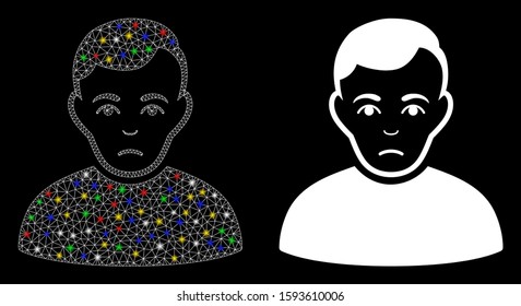 Glossy mesh sad man icon with lightspot effect. Abstract illuminated model of sad man. Shiny wire carcass triangular network sad man icon. Vector abstraction on a black background.